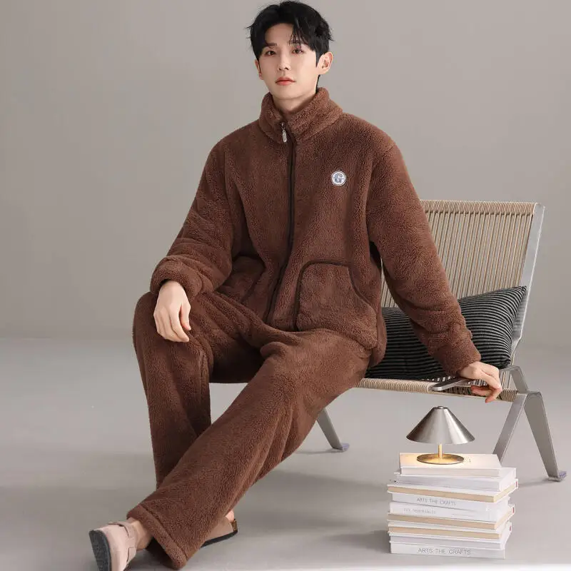 Men Autyumn Winter Sleepwear Pajamas Set Velvet 2Pcs Shirt&pants Nightwear Mandarin Collar Long Sleeve Outdoors Home Clothes