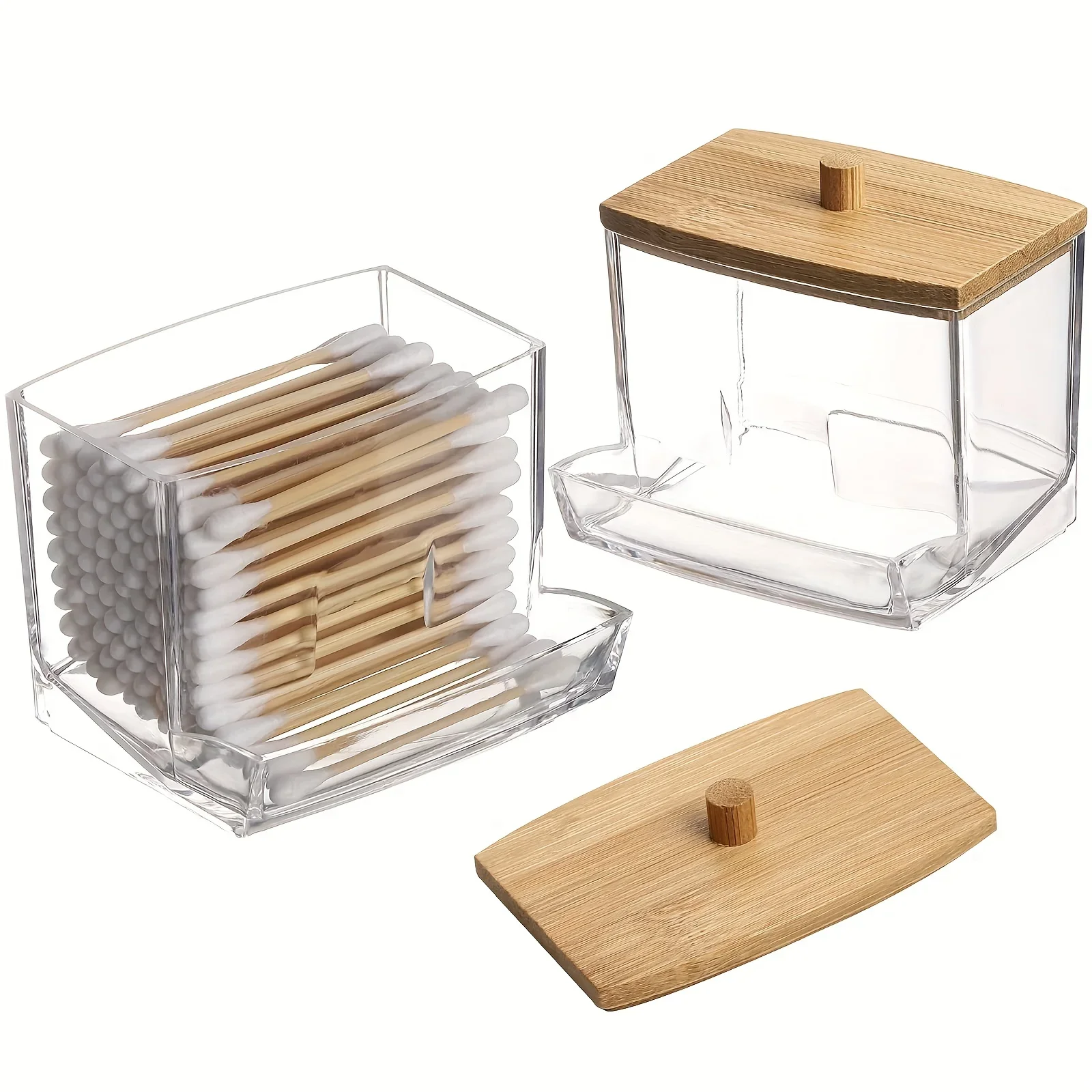 Cotton Swab Box - Transparent Bamboo Cover Dustproof Cotton Swab Toothpick Storage Box Multi-Purpose Visible Dispenser