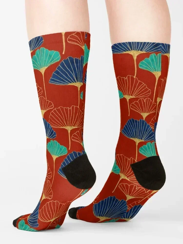 Gingko Biloba Leaves Abstract Pattern (Red Background) Socks FASHION Christmas cute Boy Socks Women's