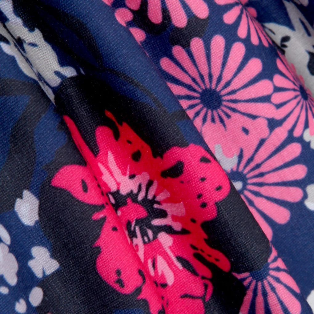 Femmes fille col rond épissage Foral rayure Mini robe poche latérale robe à manches longues