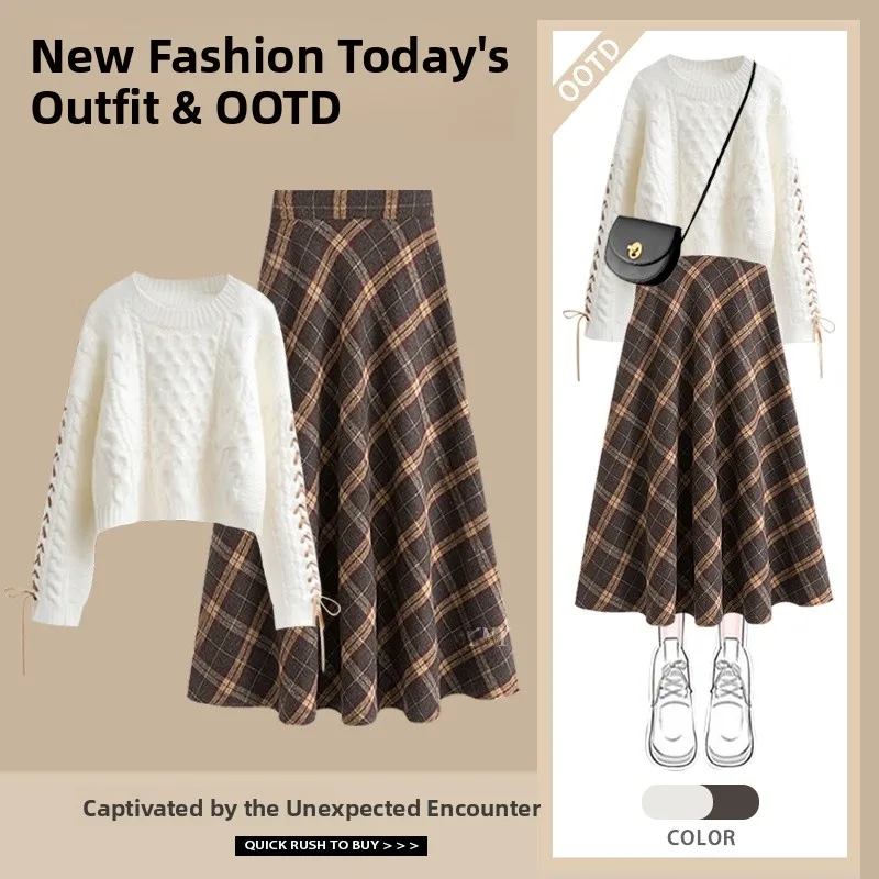 Autumn Faion Doll Collar Knitted Sweater Coat And Plaid  Skirt Two-Piece Women's Clothing Set High Waist Design Long Sl...