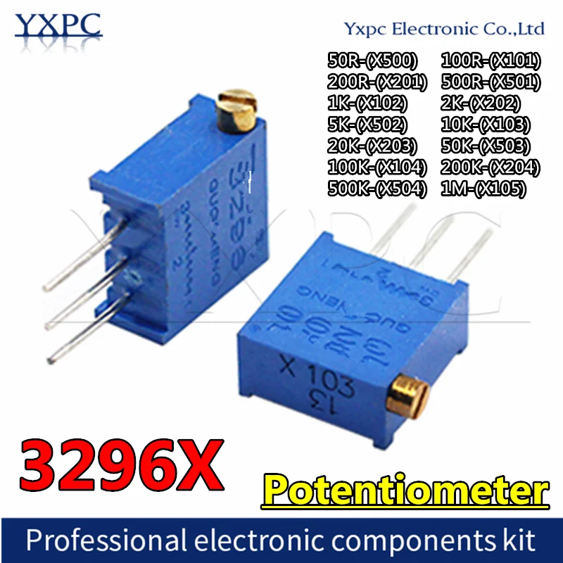 10pcs 3296X Potentiometer resistanceohm Trimpot Trimmer 1K 2K 5K 10K 20K 50K 100K 200K 500K 1M ohm 100R 200R 500R X103 X104 3296