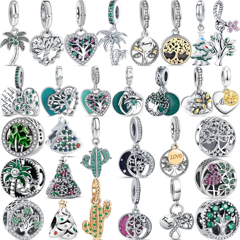 

100% 925 Solid Silver Green Tree Coconut Tree Zircon Eternal Family Love Beads Fit Original Pandora Charms Bracelet Fine Jewelry