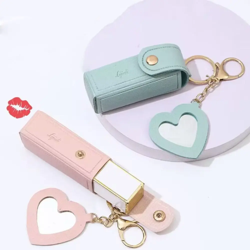 PU Leather Lipstick Bag Outdoor Keychain Portable Makeup Lipstick Holder with Mirror Fashion PU Organizer Girls