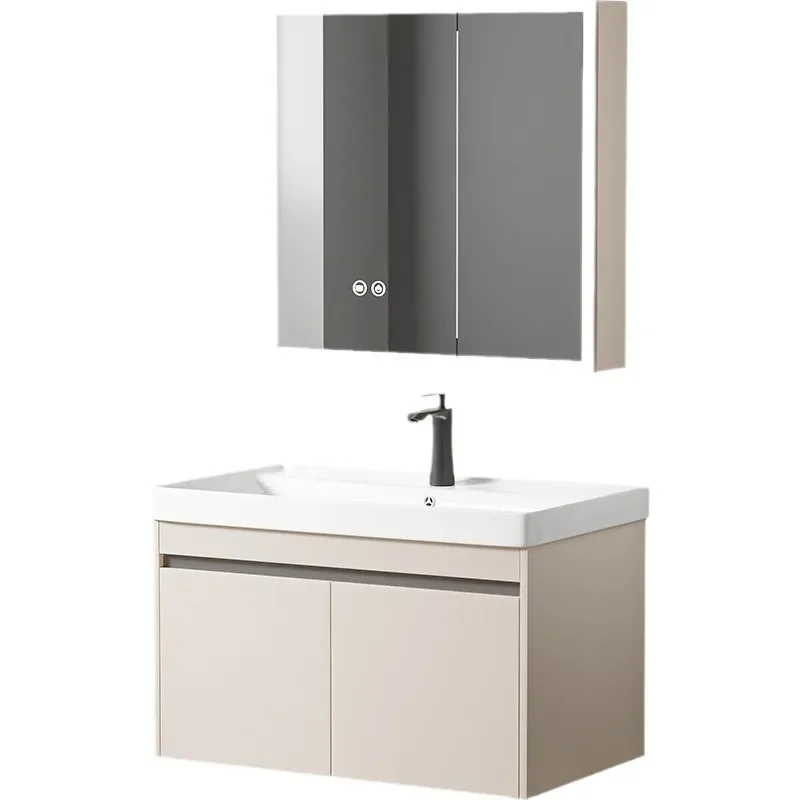 

Integrated basin bathroom cabinet combination with defogging LED light cosmetic storage mirror