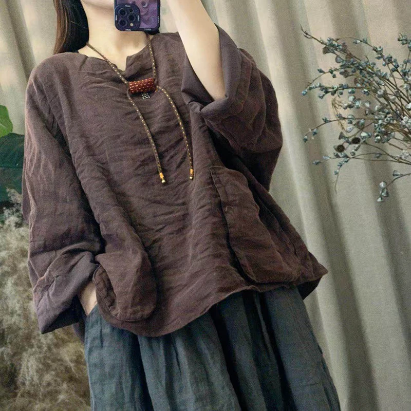 Spring 2026 New Arrival Arts Style Double-layer Cotton Linen Pockets Patchwork Tops Tees O-neck Long Sleeve Women's T-shirt Y189