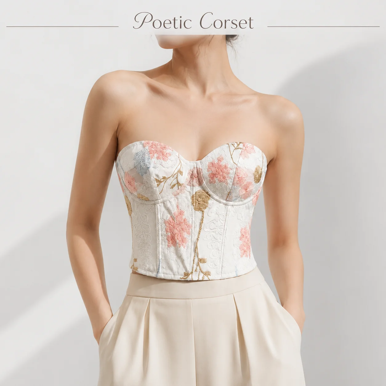 Vintage Floral Embroidery Corset Top Women's Strapless Sweetheart Neck Bustier Women Boned Form Fitting Cropped Tube Top