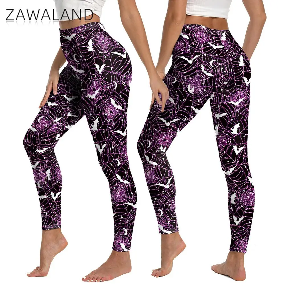

Zawaland Halloween Women Pants Purple Spider Web Pattern Leggings Gothic Sexy Slim Tights Party Wear Fashion Workout Trousers
