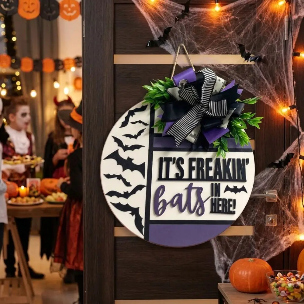 Rustic Halloween Door Hanger Wreath Fabric Bow Fade Resistant Wooden Bat Welcome Sign Vintage Farmhouse Style