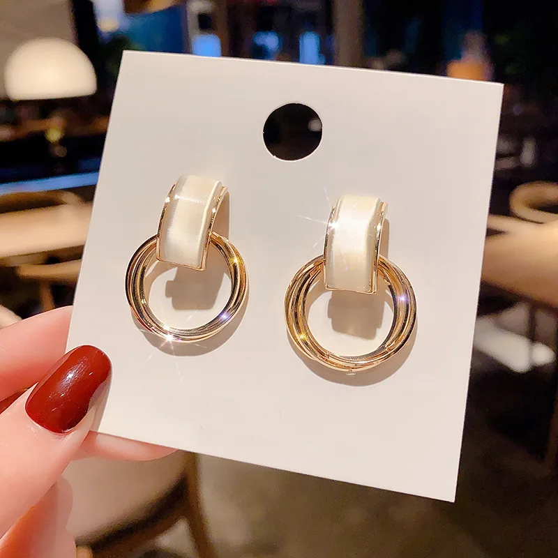 

Elegant Large Earrings for Women White Opal Stone with Golden Metal Hoop Piercing Stud Female Fashion Jewelry New Trend