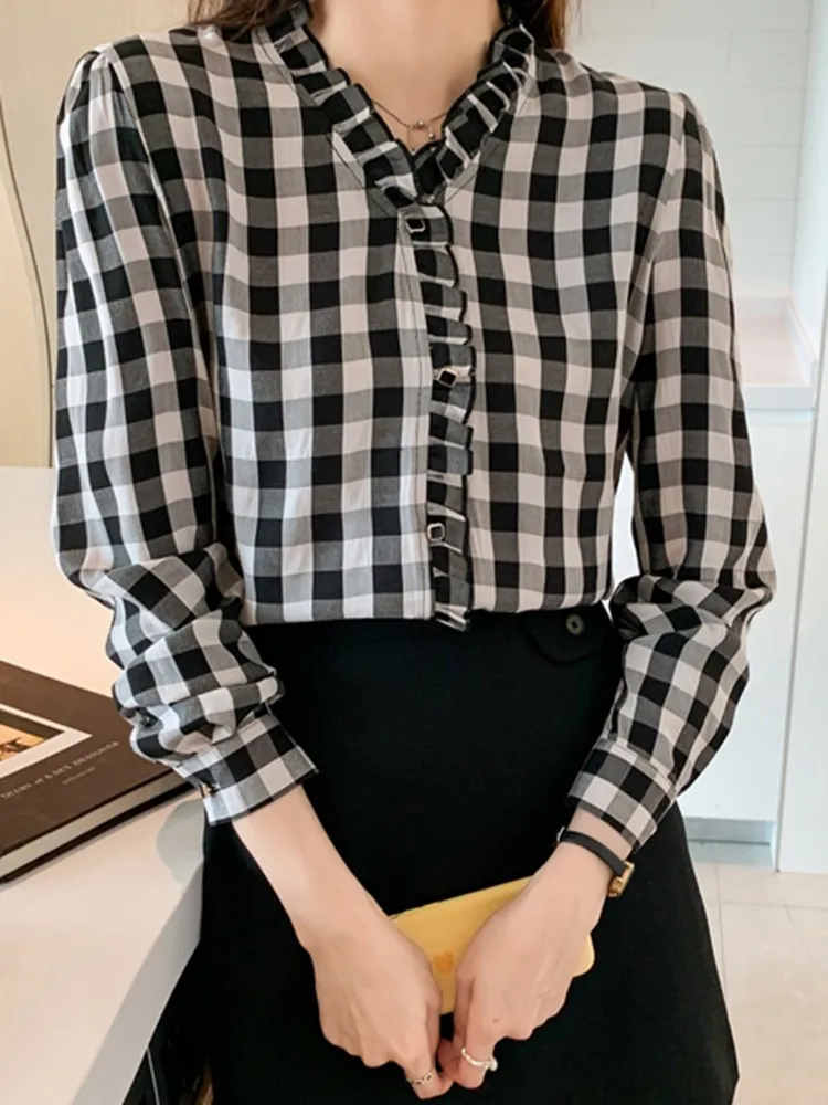 Camisa casual de manga longa para mulheres, estilo vintage, padrão xadrez, tudo jogo, senhora do escritório, tops elegantes, novos, outono, W1381, 2023