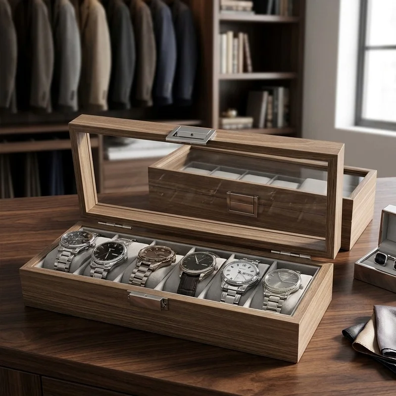 Black Walnut Pattern Wooden Watch Storage Box, 3/6/10/12 Slot Watch Display Organizer Case with Glass Lid for Men