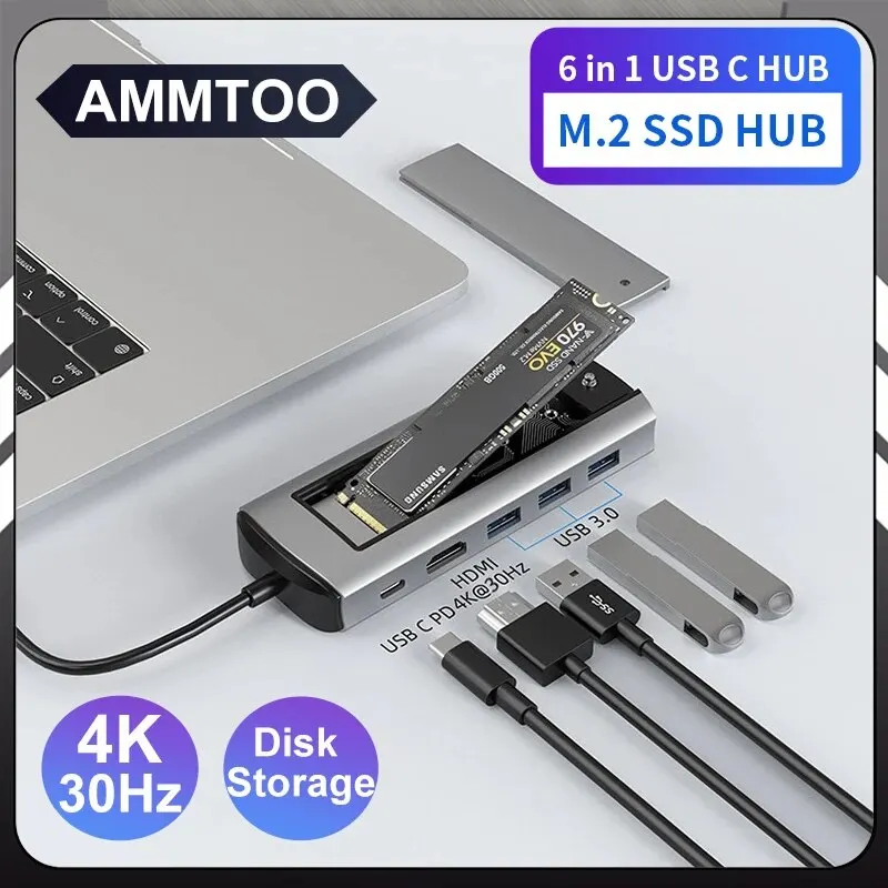 

6 в 1 м. 2 SSD концентратор USB C док-станция с функцией хранения диска USB 3.0 Type C к HDMI-совместимый ноутбук для Macbook ноутбука ПК