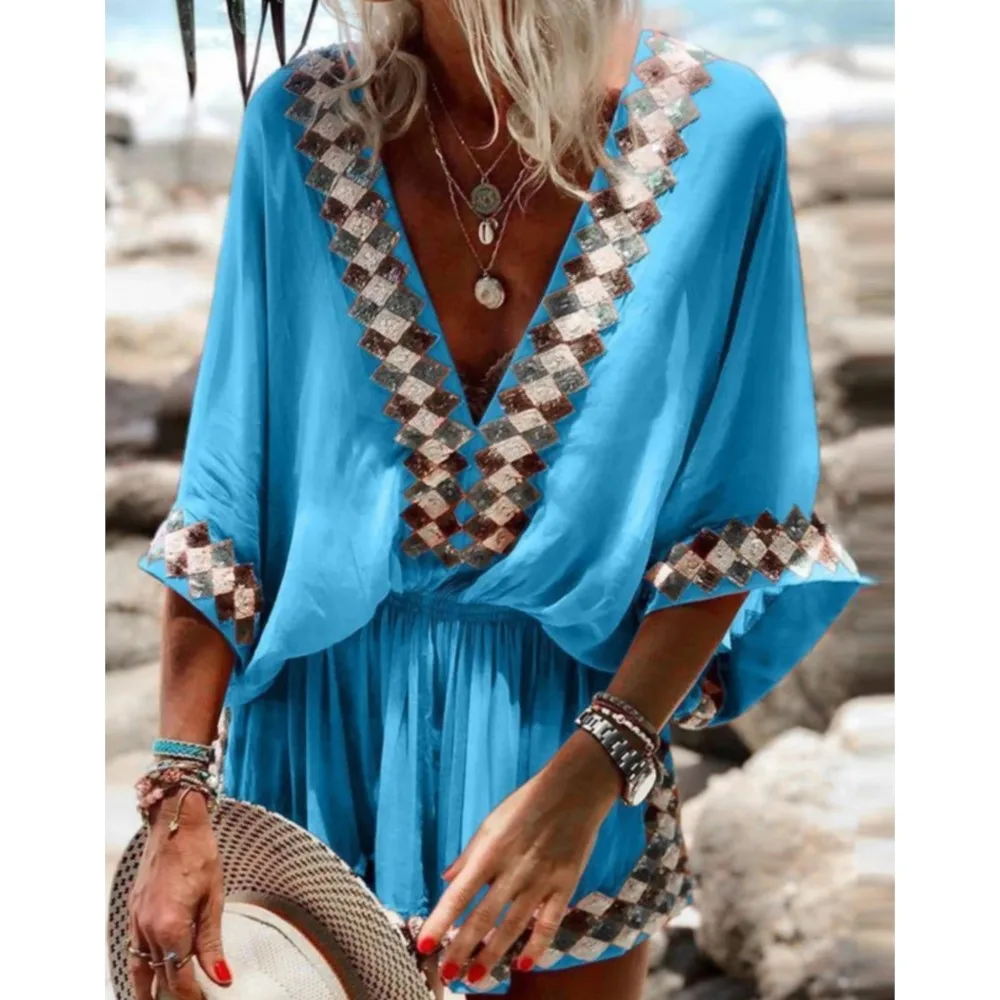 

Женский летний новый модный пляжный комбинезон с рукавами «летучая мышь» и принтом, сексуальный повседневный короткий комбинезон с v-образным вырезом и рукавами «пять в»