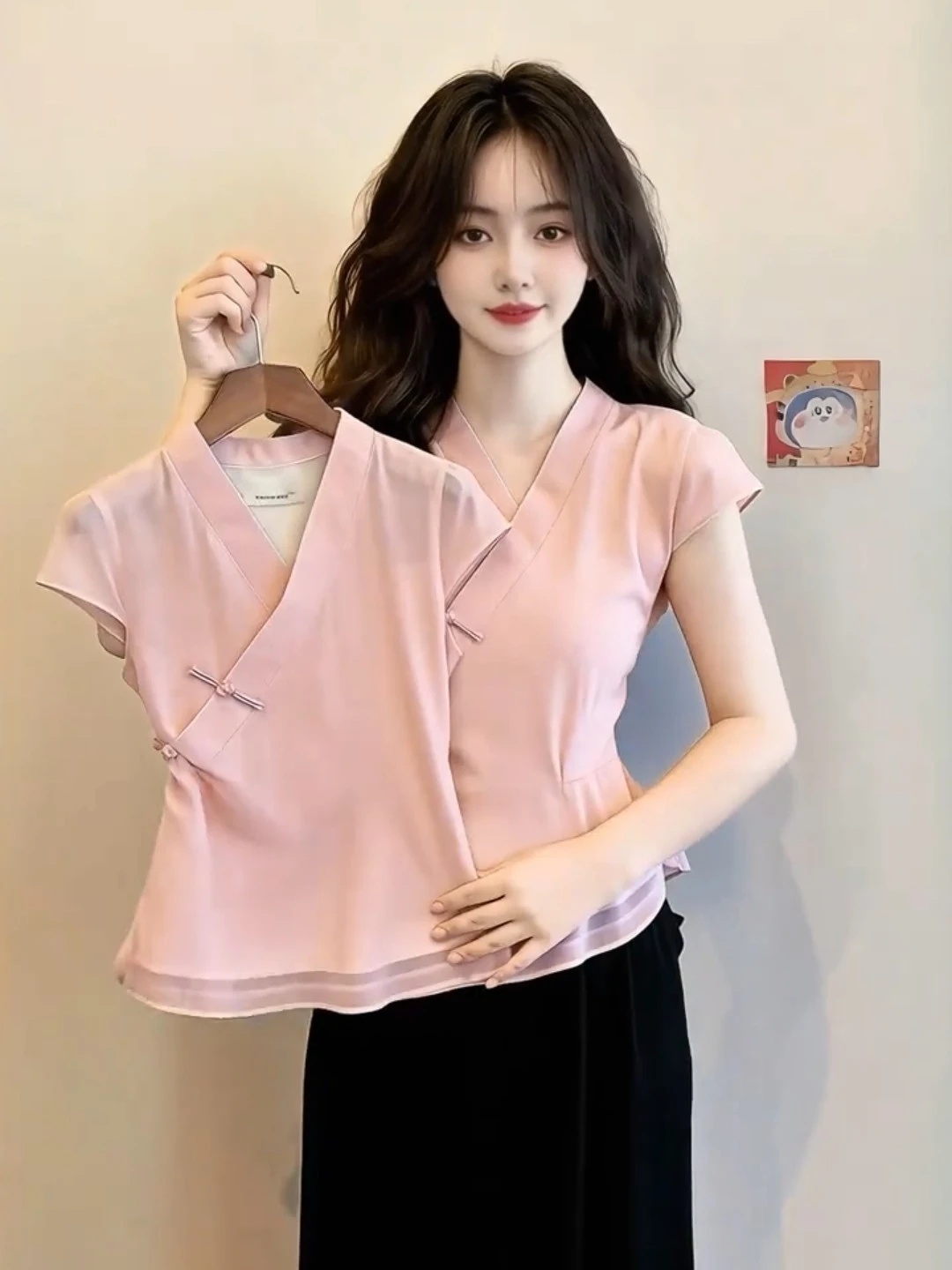 

New Chinese Style V-neck Short Sleeve Shirt Women's Summer Design Waist-cinching Anti-aging Pink Elegant Top Button-up Citywalk
