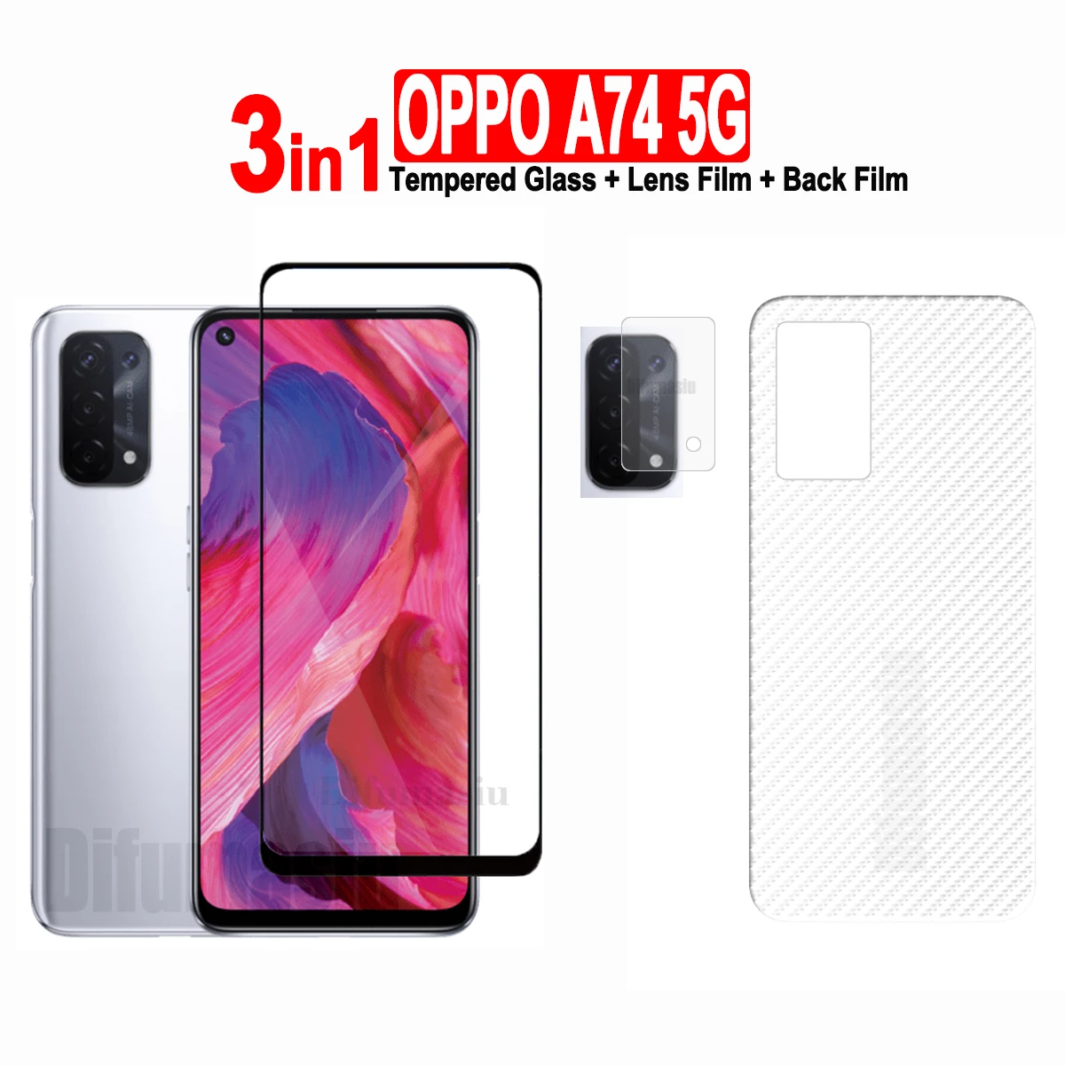 Tempered Glass For OPPO A74 5G 3in1 Full Screen Protector Camera Lens Film Carbon Fiber Back Film