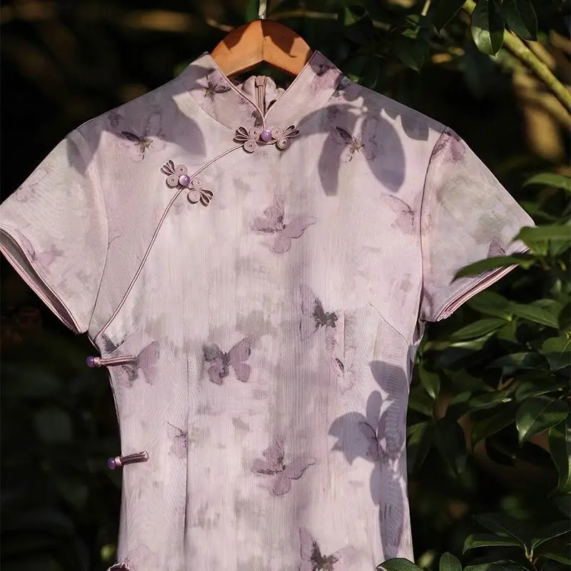 

Новинка 2023 года, фиолетовое женское платье Cheongsam, новое китайское платье с улучшенным принтом, летнее повседневное платье Ципао для молодых девушек