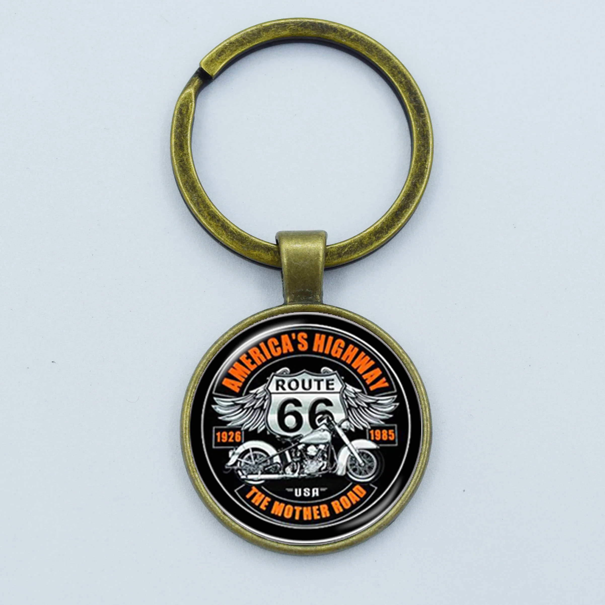 Vintage ROUTE 66 Keychain Motorcycle Car Keyring Handmade Glass Cabochon Key Chain Holder Women Men Jewelry Gift