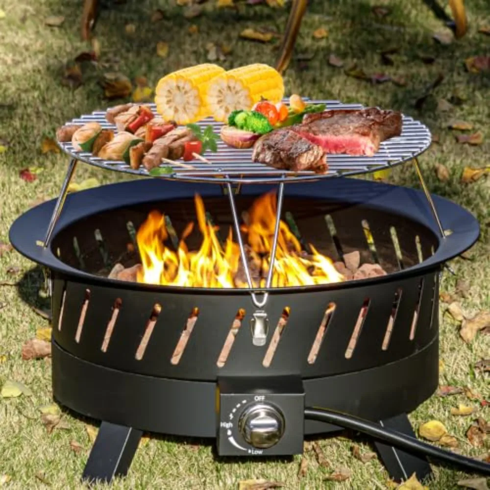 24 inch Portable Propane Fire Pits with Grill | Gas Fire Pit Bowl for Outside with Lid & Handle, Propane Fire Pit for