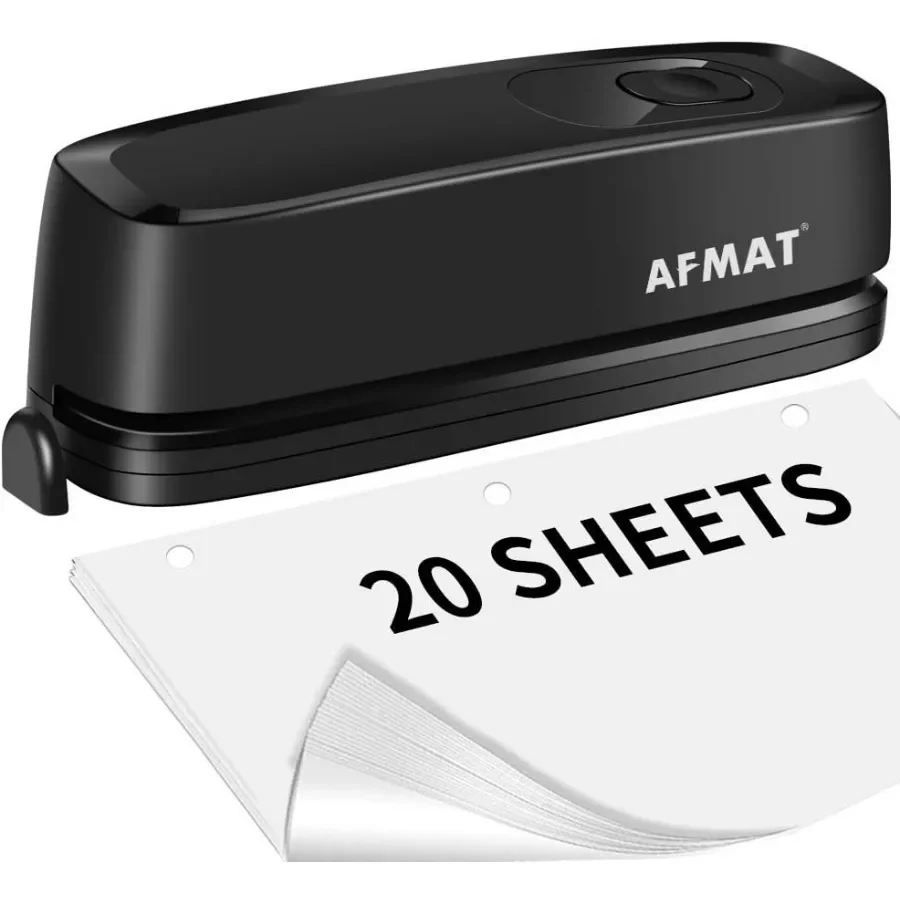 Electric Three Hole Punch with 20Sheet Capacity for Office School and Studio Use: Heavy Duty Design AC or Battery Powered Effor