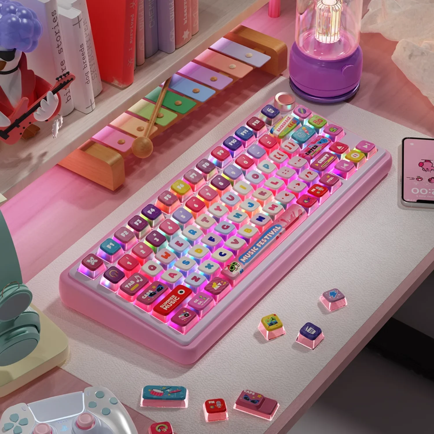 GEFENSI Cute ASA Translucent Keycaps PBT 122 Keys Pink Caller Atmosphere Theme Customized For 60/64/84/98/108 Mechanical Keyboar