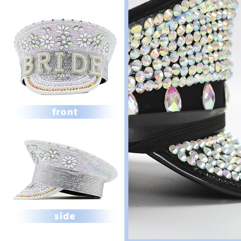 Lady Wedding Bride Sequin Shinny Rhinestone Military Hat PU Leather Captain Cap Party Carnival Flat Hat Performance Cap