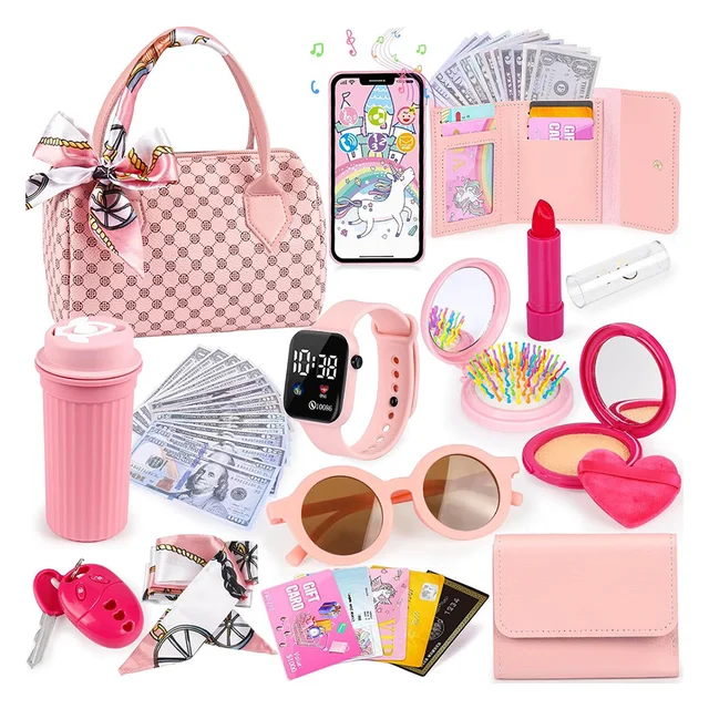 Funny Play Purse for Girls Princess Gifts Play Purse Set Top Handle Bag Cell Phone/Makeup/Water Bottle Christmas Birthday Gift 3