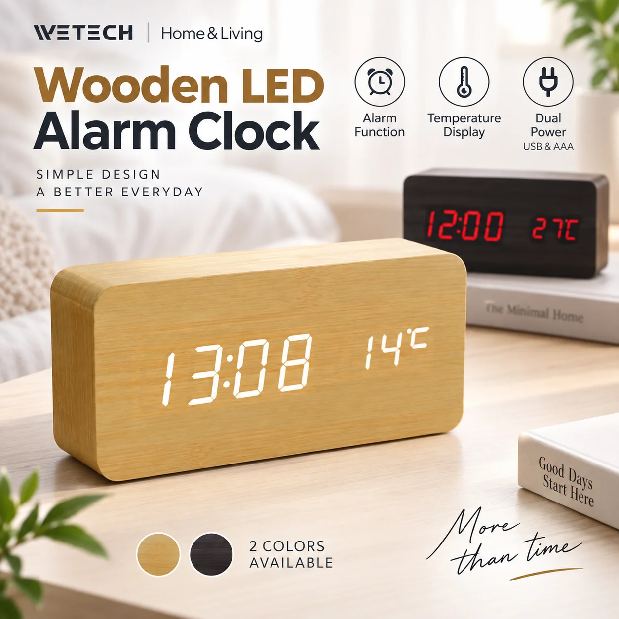 Sveglia digitale in legno con display a LED per orario e temperatura, modalità notturna, alimentazione tramite doppia porta USB o batteria, grande orologio da scrivania con effetto legno, ideale per