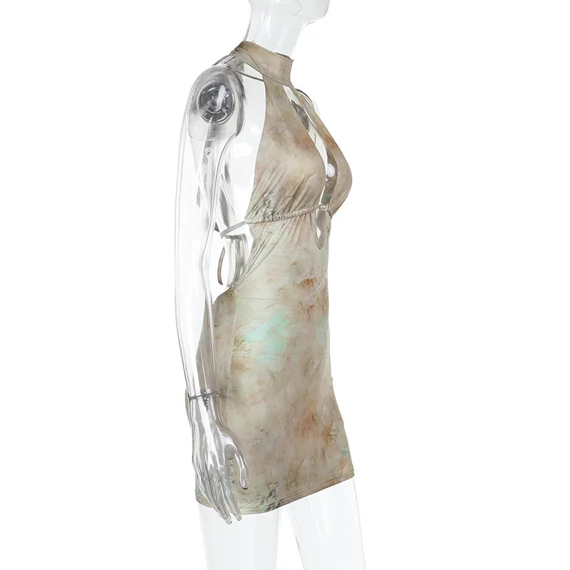 New Spicy Girl sexy Hollow out Print Hanging Neck Women's Backless Wrapper Hip Dress
