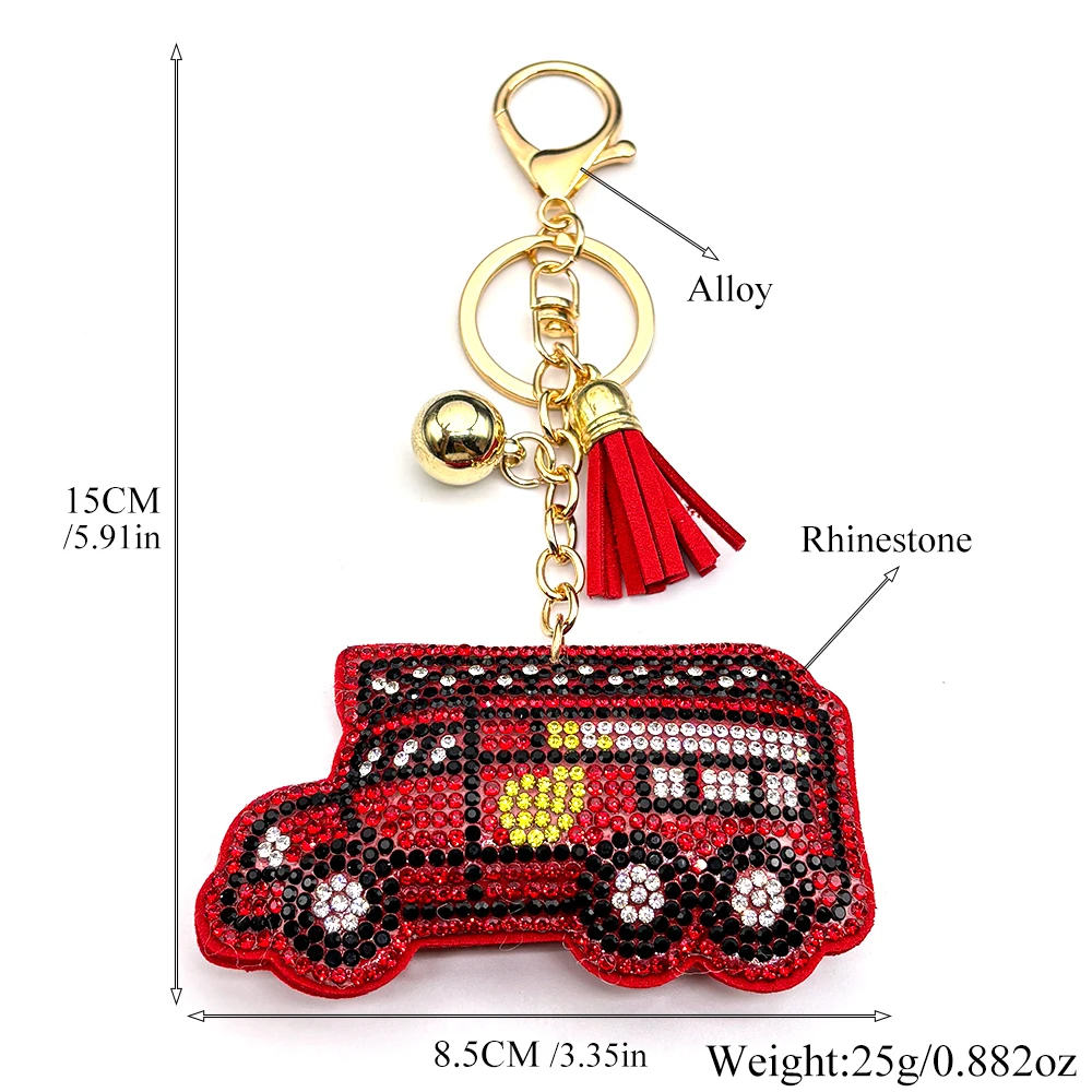 Feuerwehrauto Strass-Schlüsselanhänger Feuerwehr-Thema Rote Quaste Taschenanhänger Feuerwehrmann Schlüsselhalter Souvenir Geschenk Notfallfahrzeug Schmuck – Detail 3