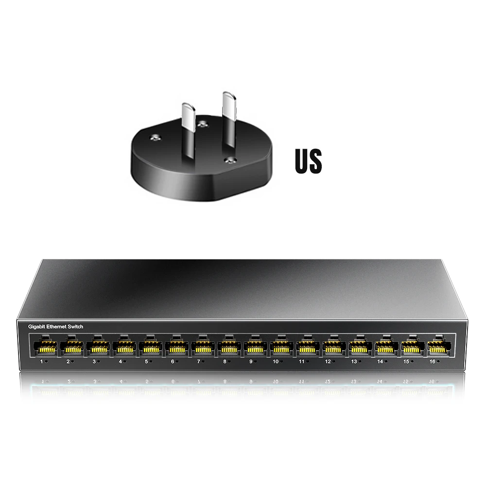 AMPCOM Netwerk Switch 16 Poorten Switch Ethernet 1000 Mbps Gigabit Hoge Prestaties Smart Switcher RJ45 Hub Internet Injector