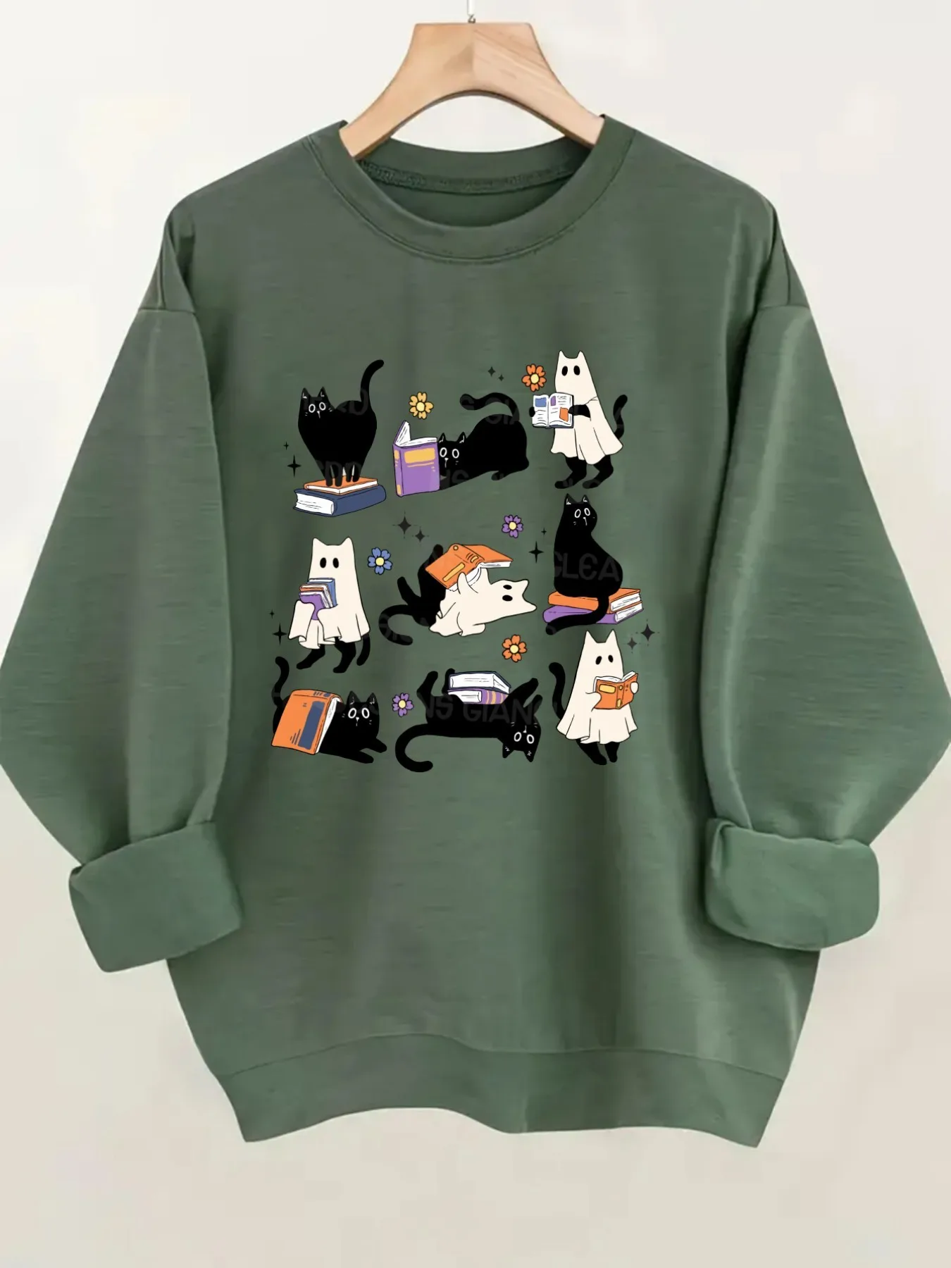 Women's Crewneck Pullover Sweatshirt Cute Cat Print Design, Soft Casual Long Sleeve, Daily Casual Top Outfit, Winter Women's Clothing, Halloween Costume Outfit