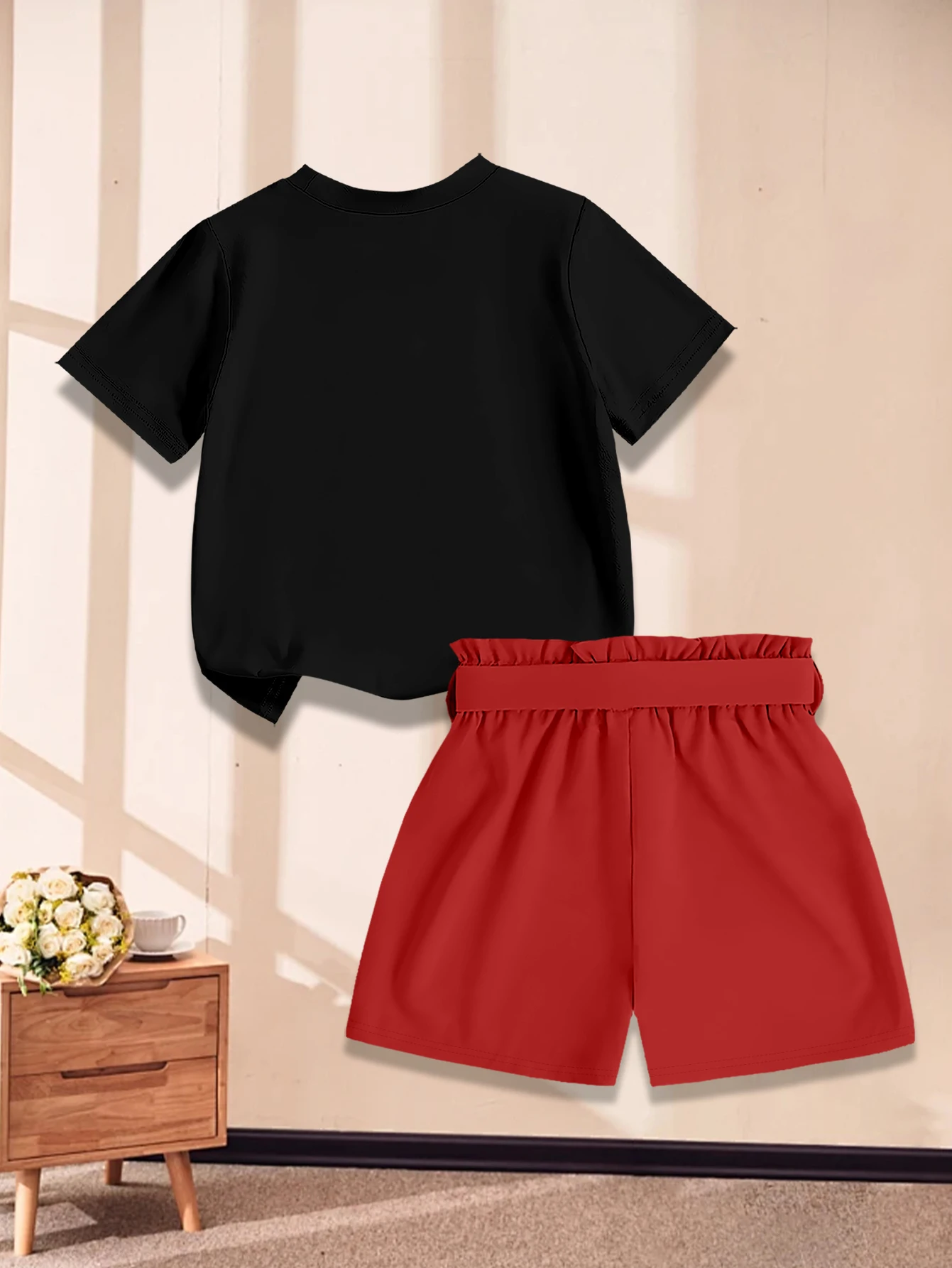 2 pieces: Valentine's Day Cartoon Heart & Bow Print Girls' Sweet Cute Summer Woven Bow Shorts Set