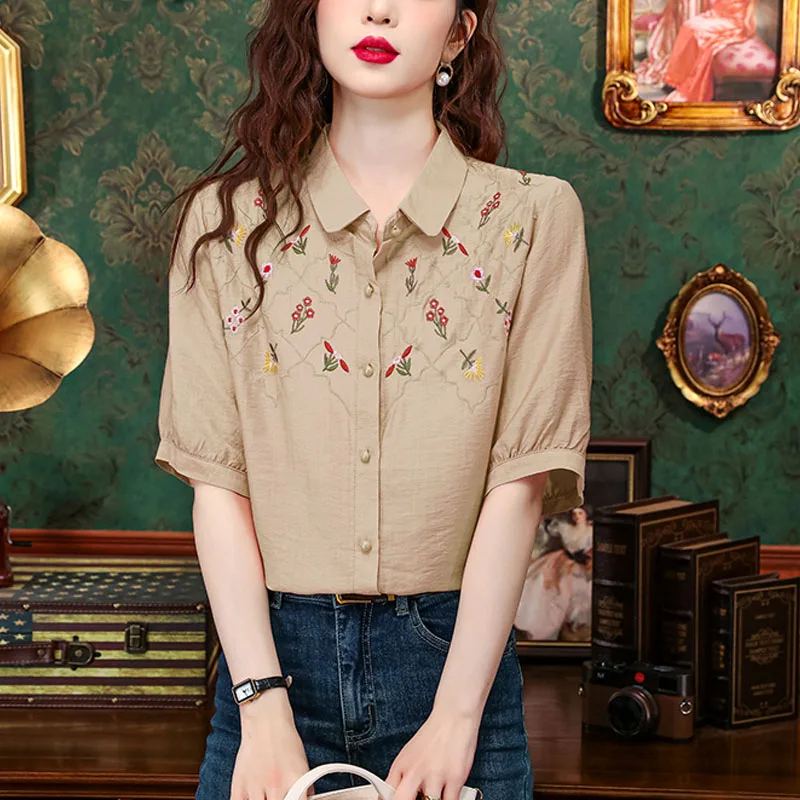 New Women\'s Summer Art Solid Colors Turn-down Collar Button Fashion Elegant Cotton and Linen Embroidery Short Sleeve Shirt Tops