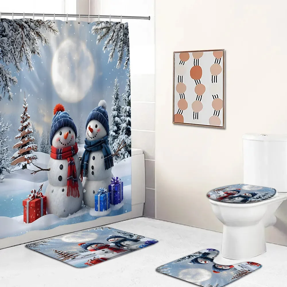 Merry Christmas Snowman Shower Curtain Set Christmas Winter Festival Snow Xmas Tree Ball Bathroom Decor Bath Curtain with Hook