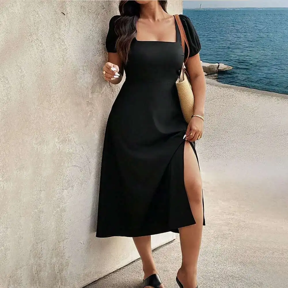 

Plus Size Women's French Elegant Dress Summer New Square Neck High Waist A-line Midi Dress Party Summer Elegantes Casual Y2k