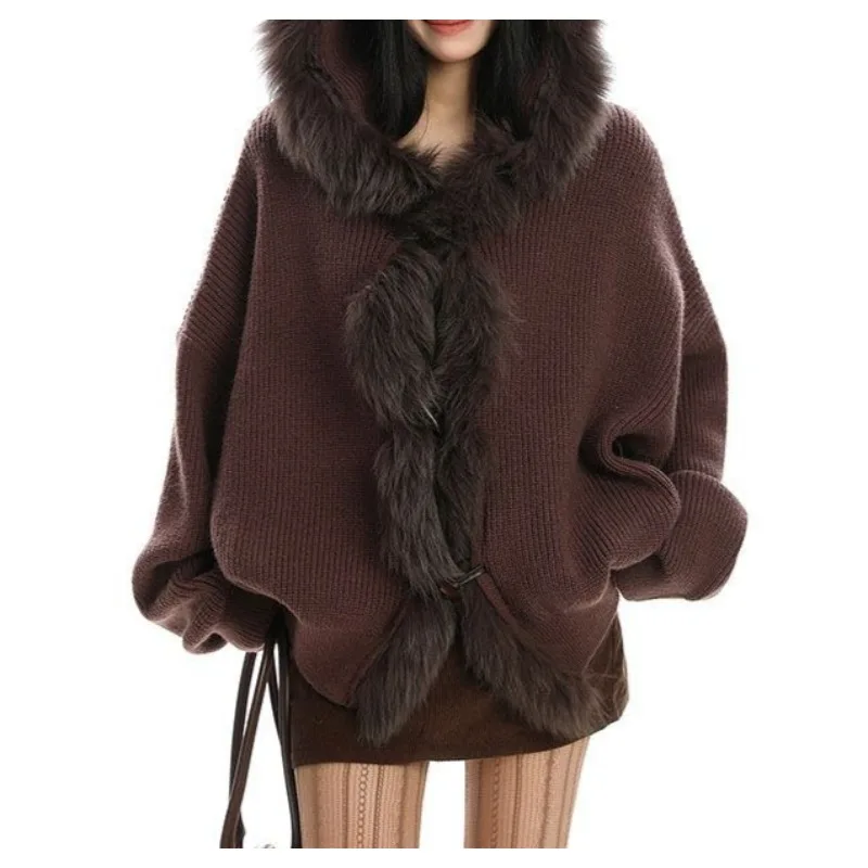 

Lazy Temperament Loose and Slim Knitted Jacket Large Fur Collar Patchwork Hooded Sweater Women's Autumn and Winter