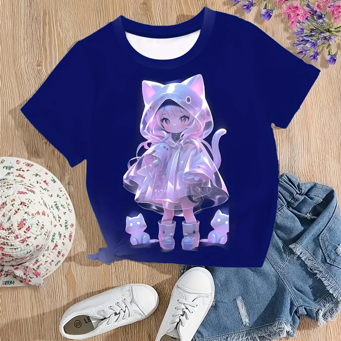 2024 Odzież dziecięca Anime Graphic Print Girls T-Shirt Wygodny okrągły dekolt z krótkim rękawem Topy Letnia odzież outdoorowa dla dzieci