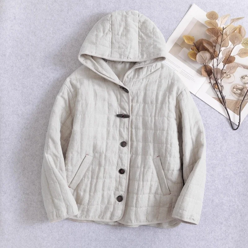 

2025 Autumn/Winter New Large Size Cotton Linen Quilted Coat Art Retro Horn Button Solid Color Button Jacket Top W163