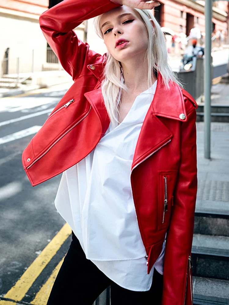 Fitaylor Autumn Winter Women Faux PU Leather Coat Casual Lady Red Motorcycle Jacket Vintage Lapel Short Biker Jacket