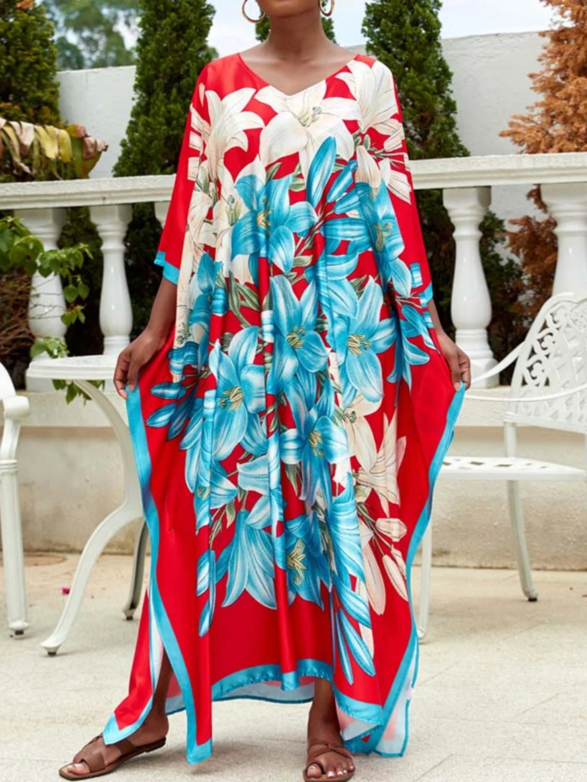 2024 New Maldives Chubby Loose and Idle Red with Big Flowers Dress Seaside Vacation Beach