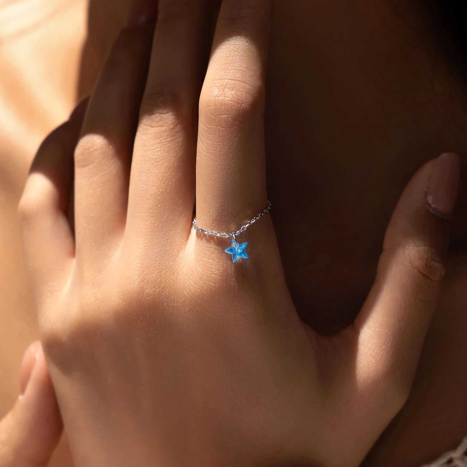 MODIAN 925 Sterling Silver Trendy Blue Star Cubic Zirconia Charming Link Chain Adjustable Finger Rings For Women Jewelry