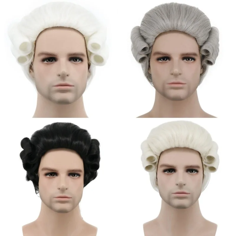 Men Lawyer Judge Baroque Cosplay Wig Long Wavy Curly Black White Gold Gray Hair Halloween Career Deluxe Historical Party Props