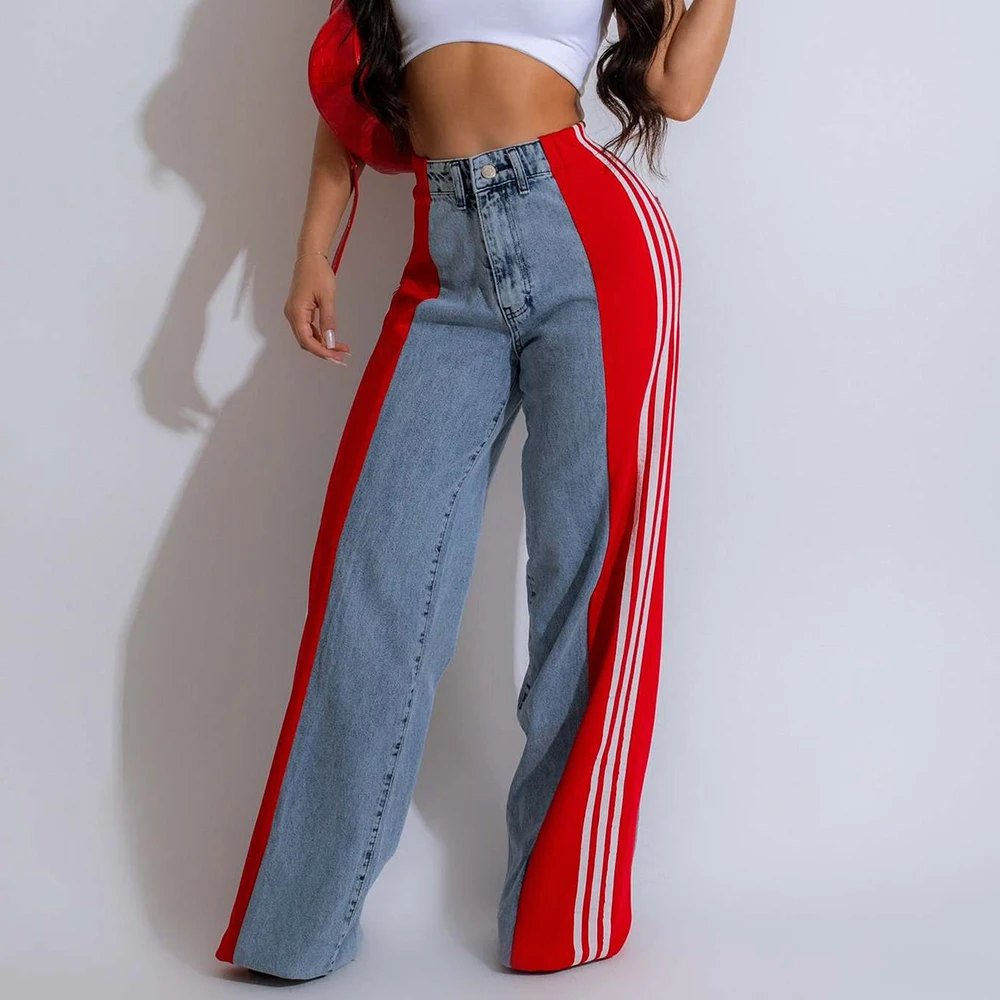 

Fashion Splicing Three Stripe Denim Pants Women High Waist Stretch Denim Pants Summer Patchwork Colorblock Straight Trouser