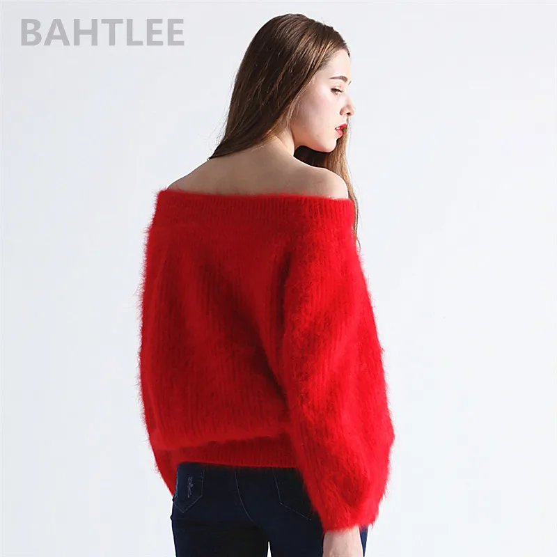 BAHTLEE-Women's Angora Pullovers, Knitted Sweater, Lantern Sleeves, Slash Neck, Keep Warm, Loose Short Jumper, Winter
