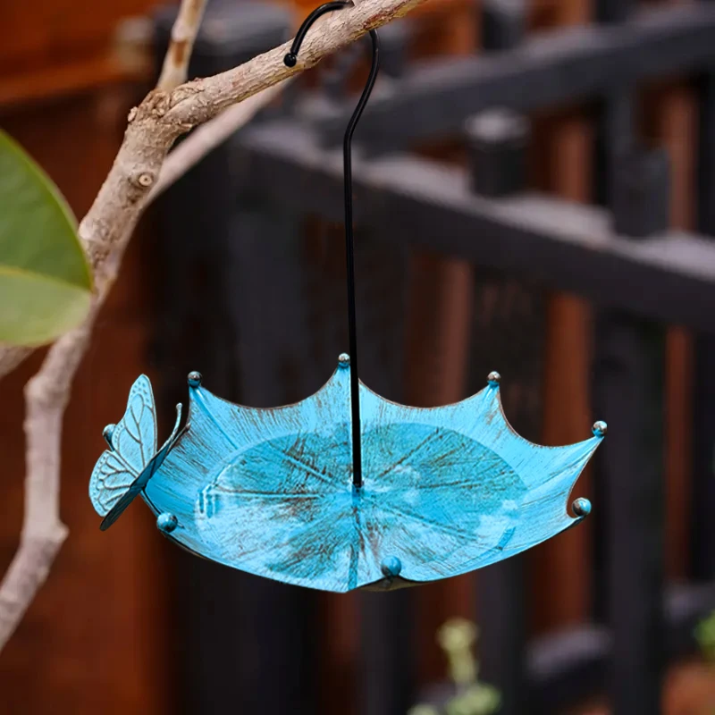 1개 빈티지 나비 모양 금속 새 모이통, 야외 걸이형 새 목욕통 및 정원 장식