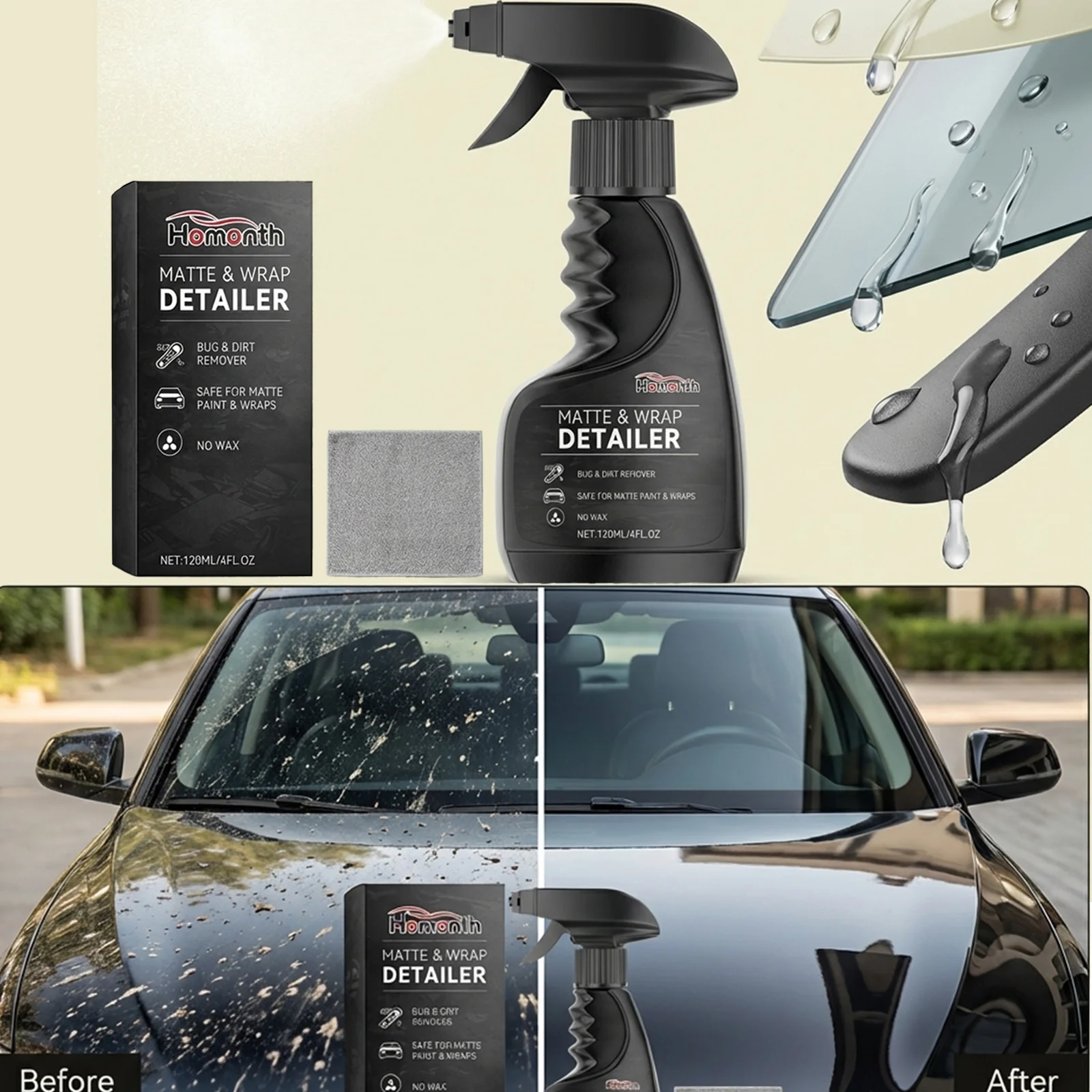 120ml Bug and Tar Remover Spray Kit with Microfiber Towel Heavy Duty Pre Wash Cleaner Dissolves Stubborn Contaminants No Residue