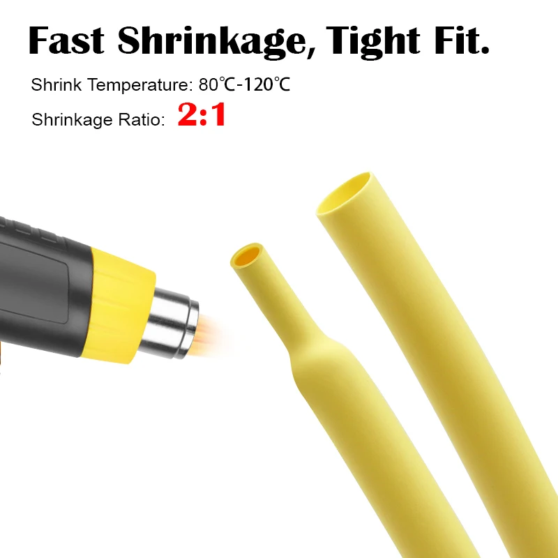 1/2/5M Yellow 2:1 Heat Shrink Tube Dia 0.6mm ~ 80mm Polyolefin Waterproof Insulation Dual Wall Shrinking Tube Sleeve Sheath Wrap