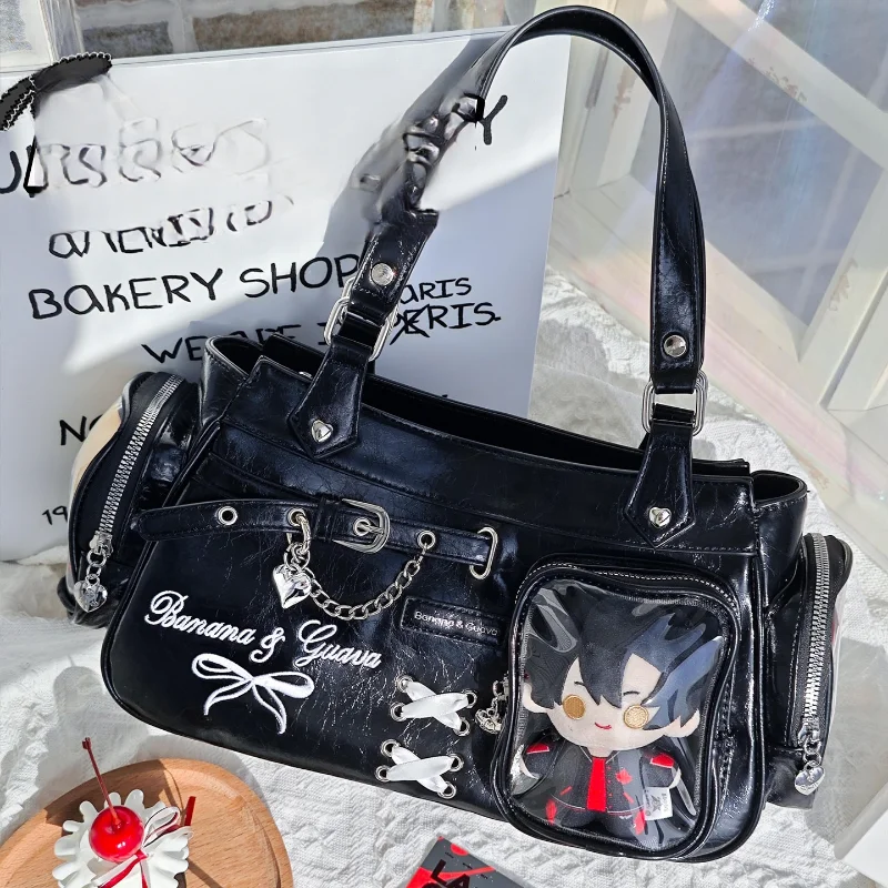 Bolso de hombro Ita de charol negro, bolso de mano con ventana transparente, cadena y detalle de lazo, estilo punk Y2K para exhibición de muñecas y pines