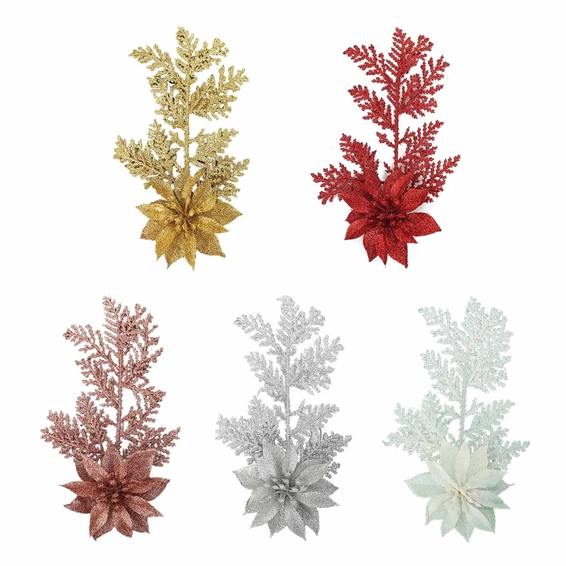ประดิษฐ์คริสต์มาส Glitter Poinsettia ดอกไม้สาขาสนใบหยิบเครื่องประดับสำหรับพวงหรีดคริสต์มาสต้นไม้